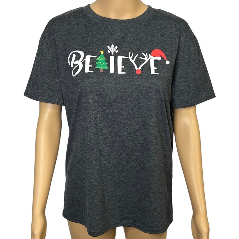 BELIEVE In Santa Claus Christmas Women's M Gray Short Sleeve T-Shirt Top